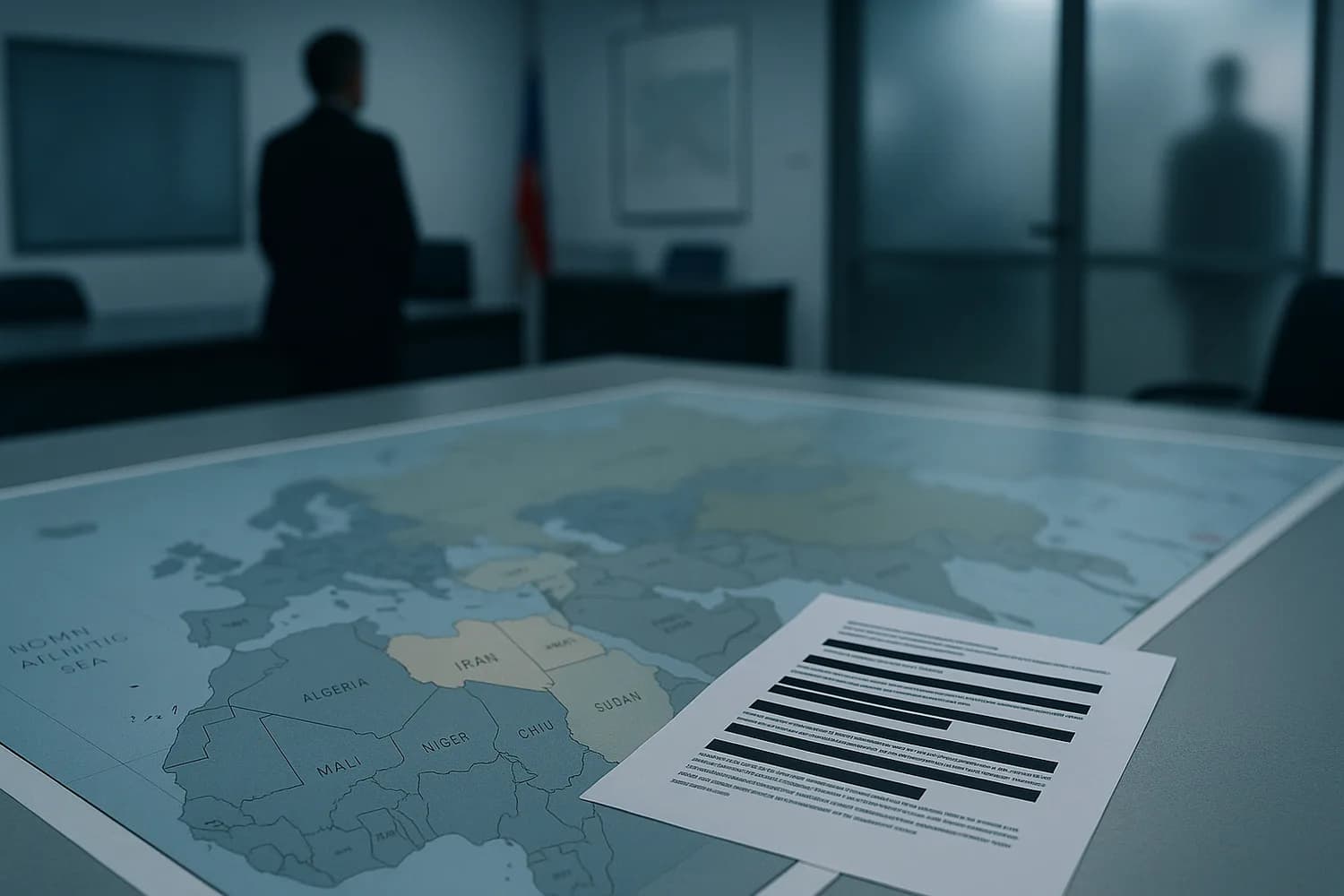 A wide-shot political map with a blurred figure in the background, representing a nuclear verification blind spot