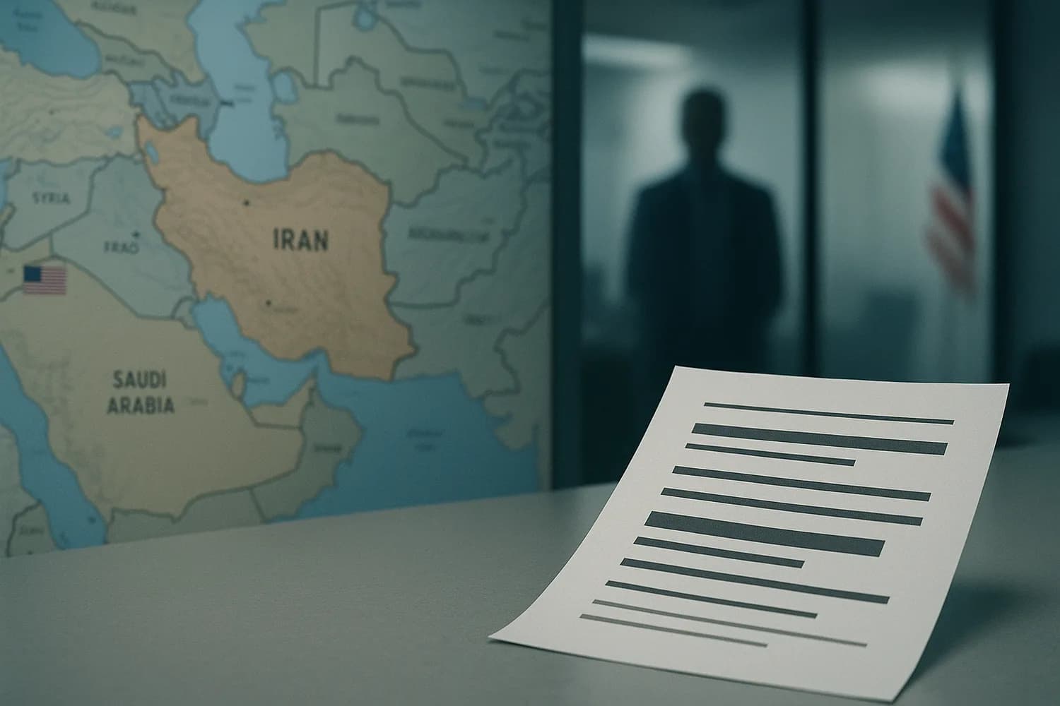 A wide-shot political map of Iran and the eastern Mediterranean with redacted briefing papers, representing escalation risk
