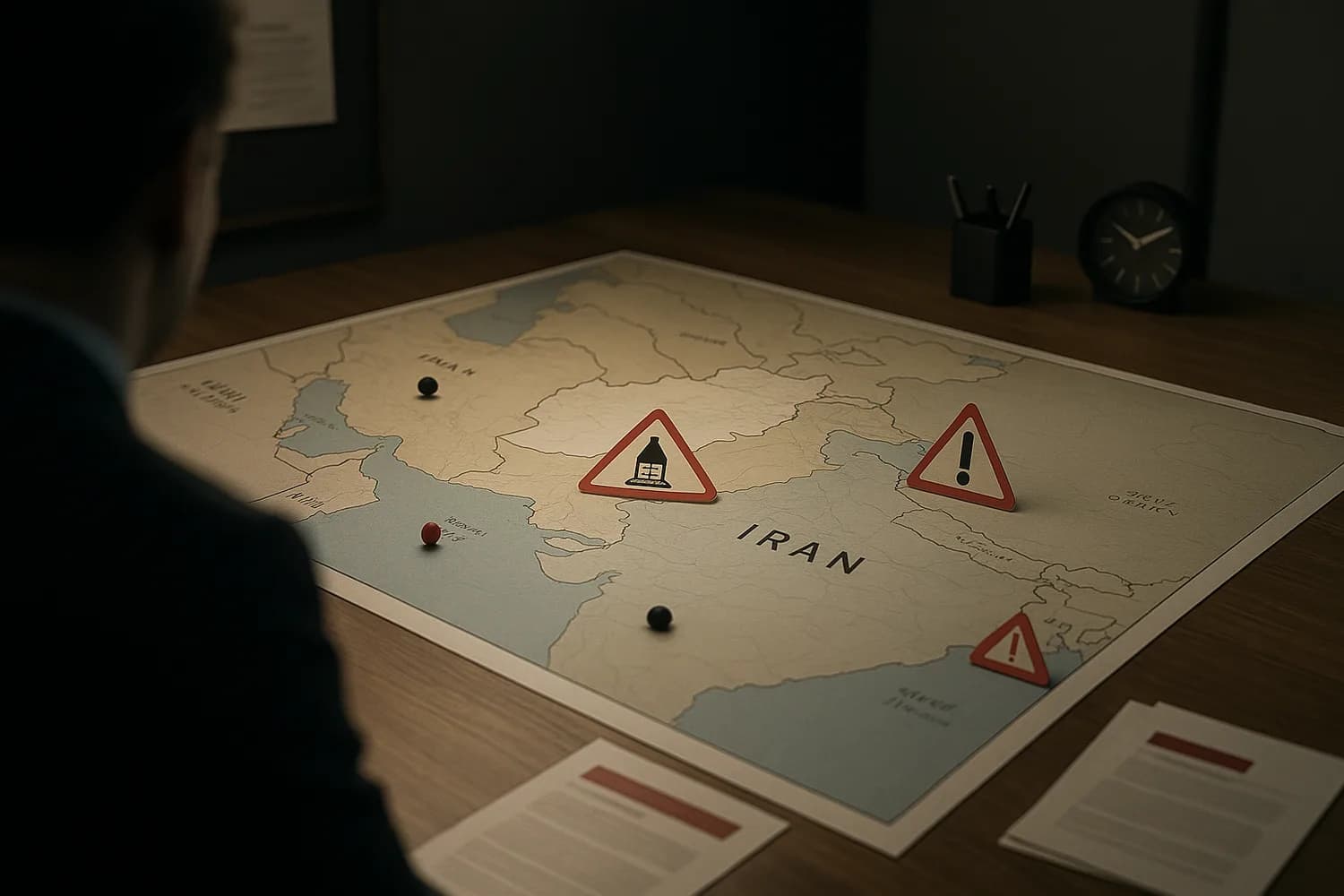 A central-bank-style risk room with a Gulf map and rising oil-price cues, representing an abrupt energy shock turning into macroeconomic stress