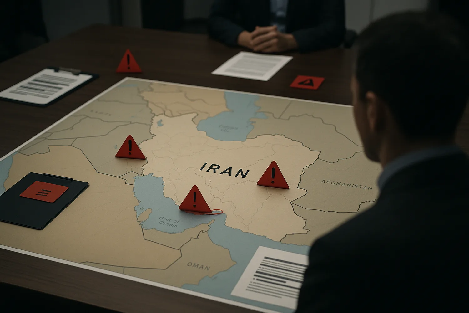A strategic map of the Gulf with disrupted shipping lanes and industrial cargo cues, representing an active closure shock