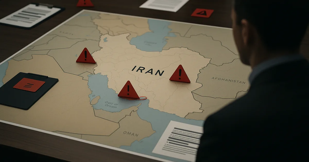 A strategic map of the Gulf with disrupted shipping lanes and industrial cargo cues, representing an active closure shock