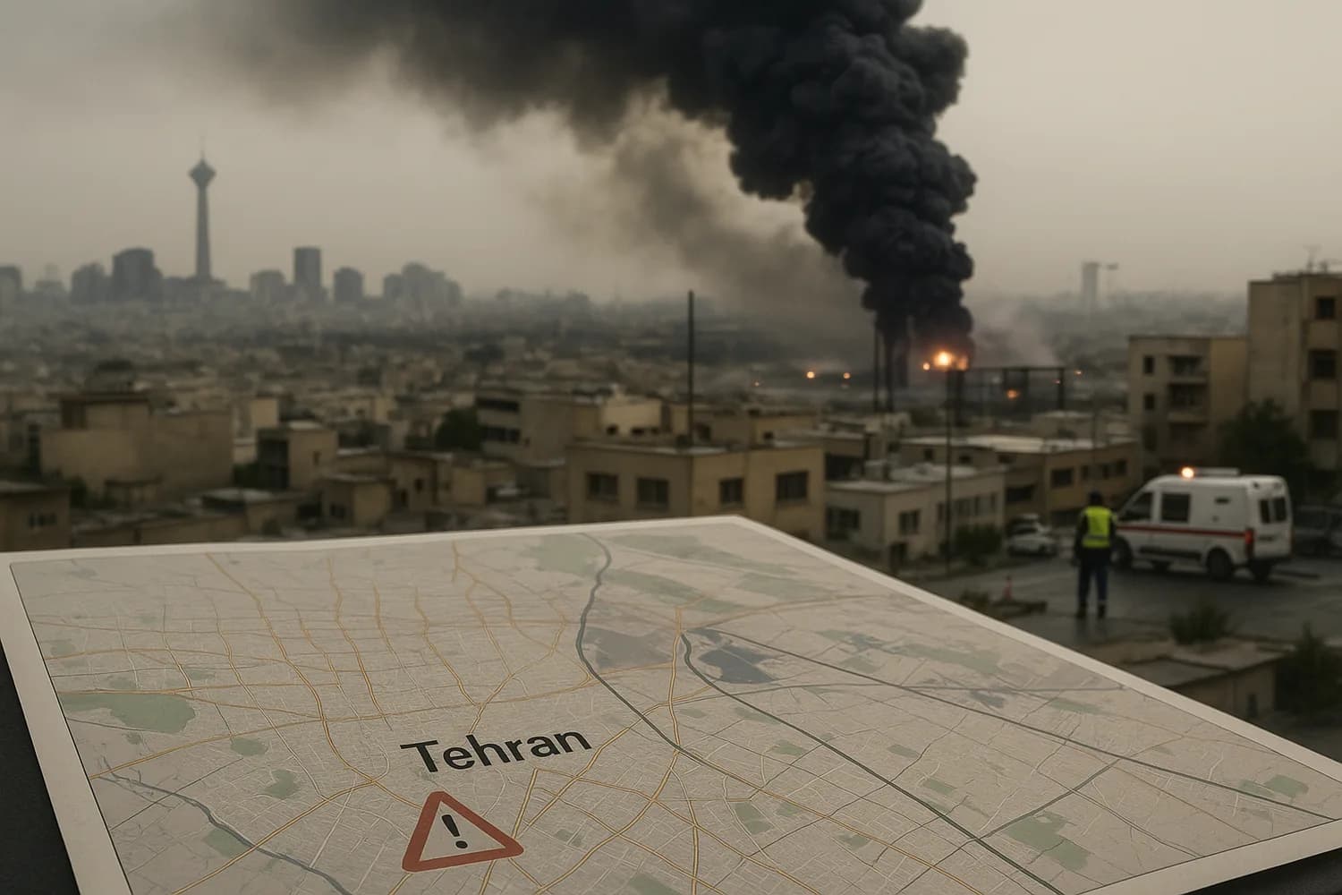 Smoke rising over a dense city fuel depot, representing long-tail public health and ecological damage